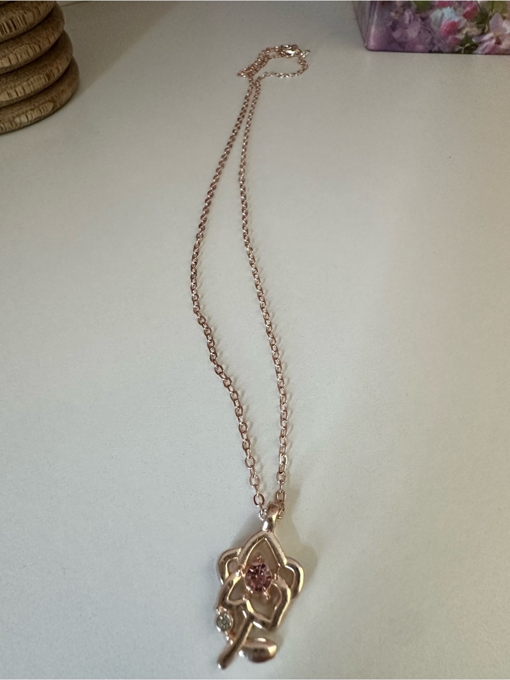 Rose Gold Flower Pendant Necklace with Pink Crystal